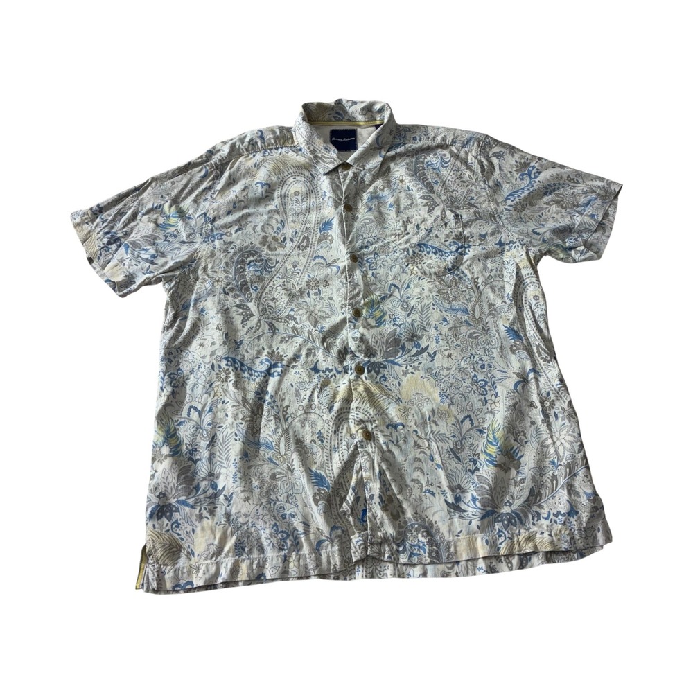 Tommy Bahama XL Silk Button Down Shirt Cream Blue Floral Paisley Menswear‎